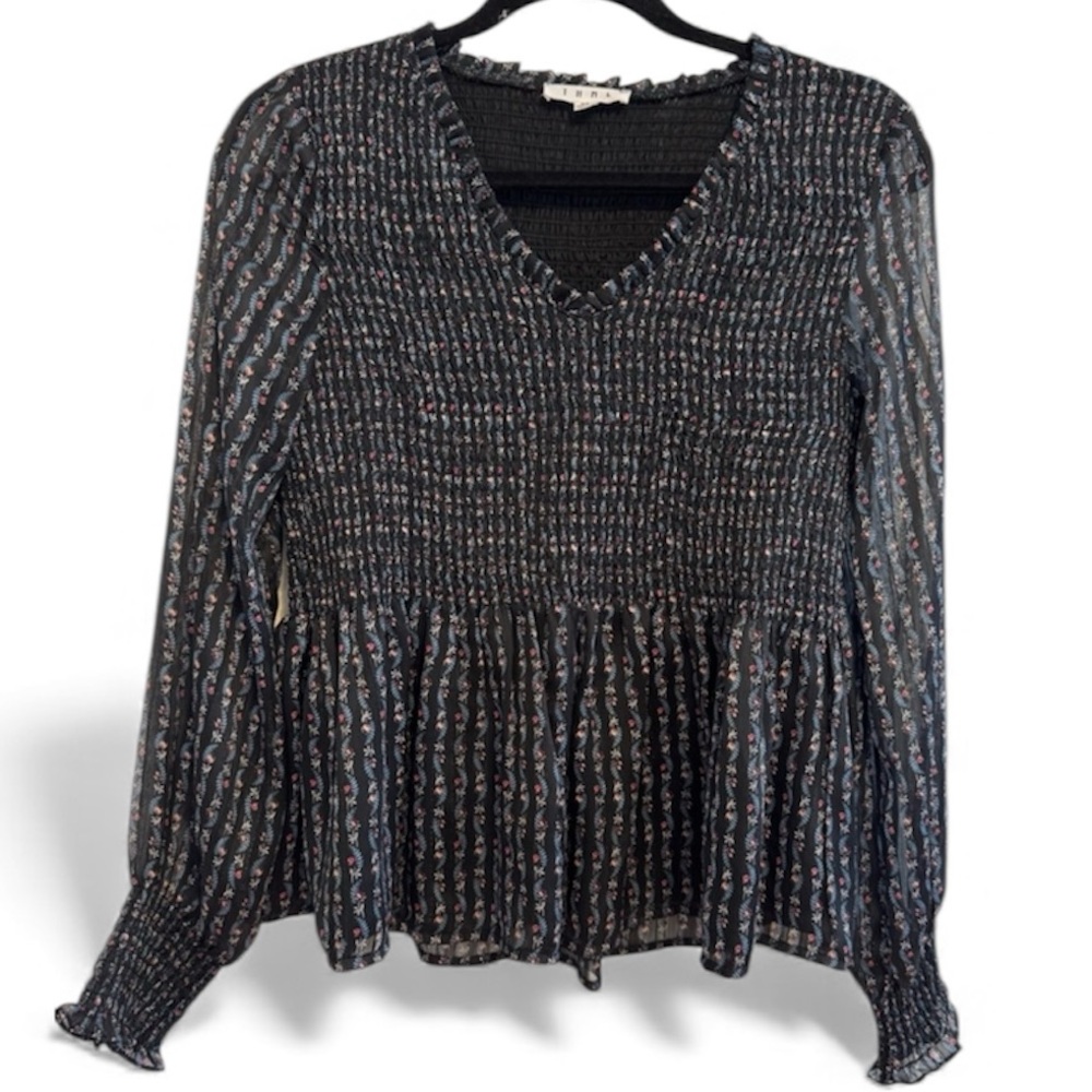 THML Black and White Smocked Peplum Blouse